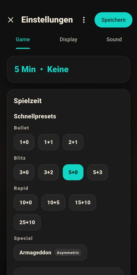 1Chess Clock Spieleinstellungen mit Optionen für die Zeitkontrolle
