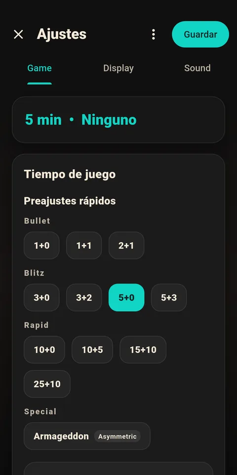 Ajustes de partida de 1Chess Clock con opciones de control de tiempo