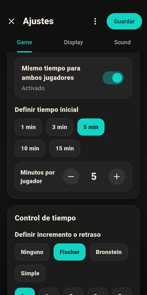 Pantalla de configuración del incremento Fischer