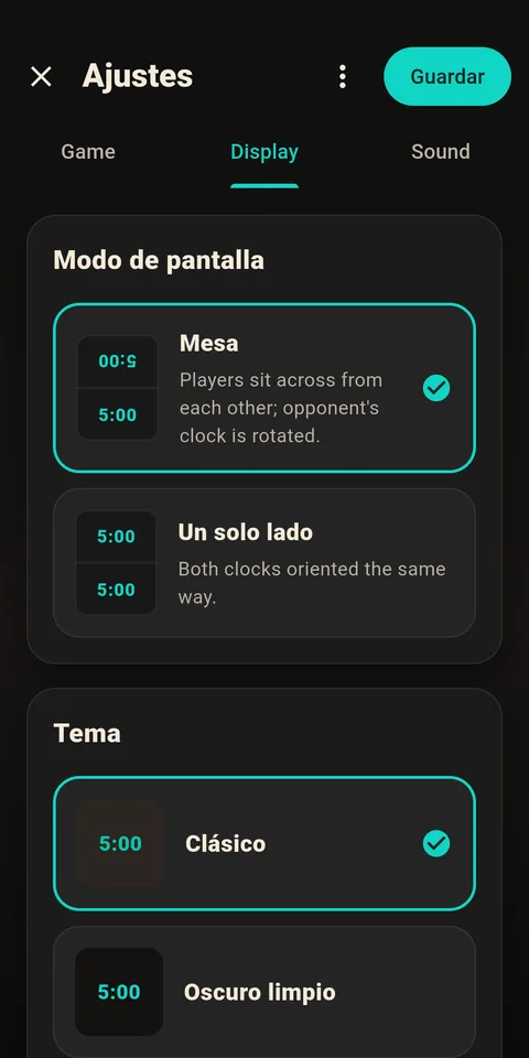 Pantalla de configuración de pantalla con opciones de tema
