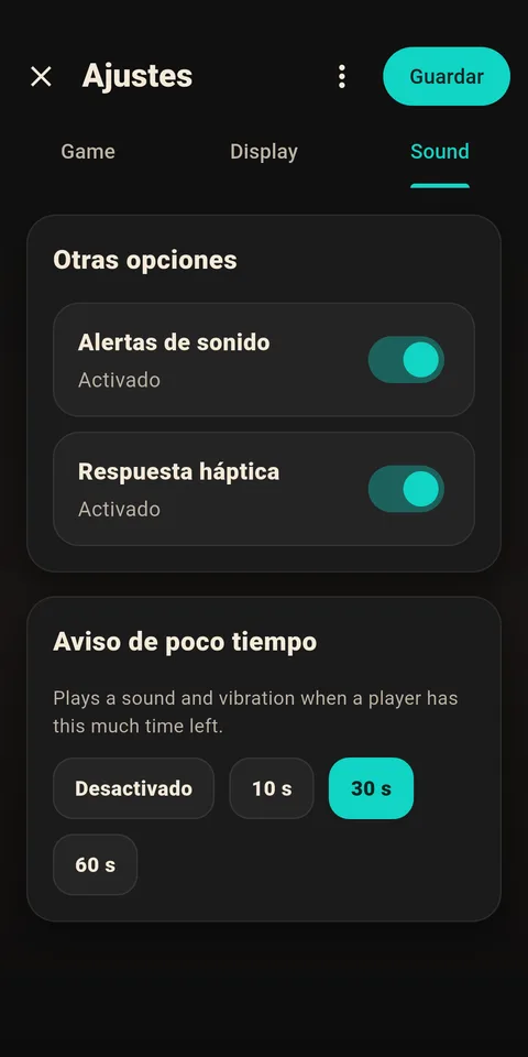 Pantalla de ajustes de sonido de 1Chess Clock