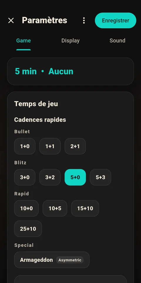 Réglages de partie de 1Chess Clock avec les options de cadence