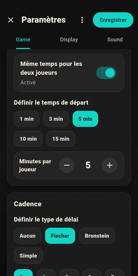 Écran de configuration de l'incrément Fischer