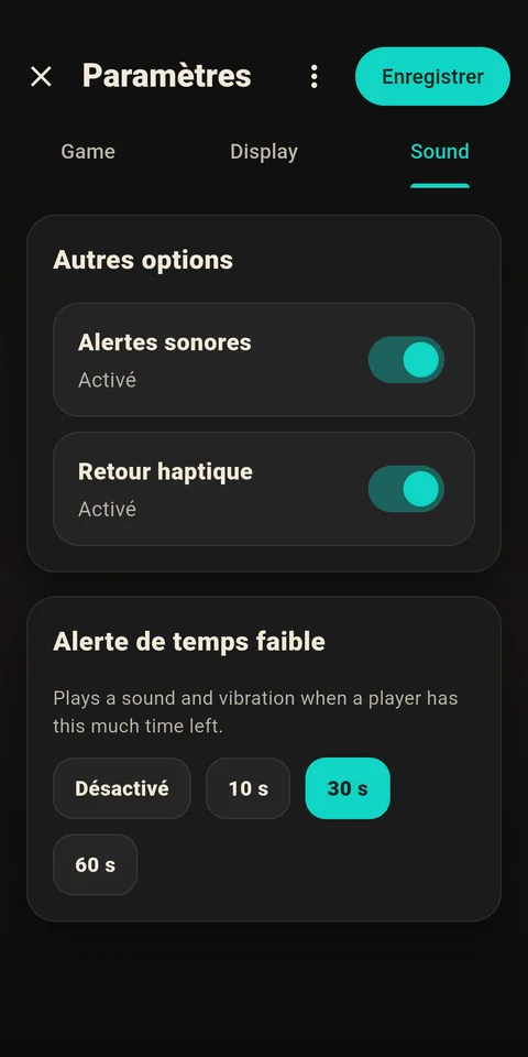Écran des réglages sonores de 1Chess Clock