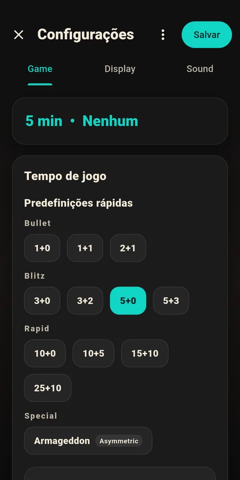 Configurações de partida do 1Chess Clock com opções de controle de tempo