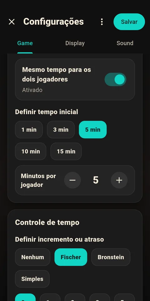 Tela de configuração do incremento Fischer
