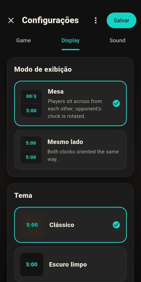 Tela de configurações de exibição com opções de tema