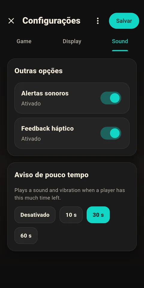Tela de configurações de som do 1Chess Clock